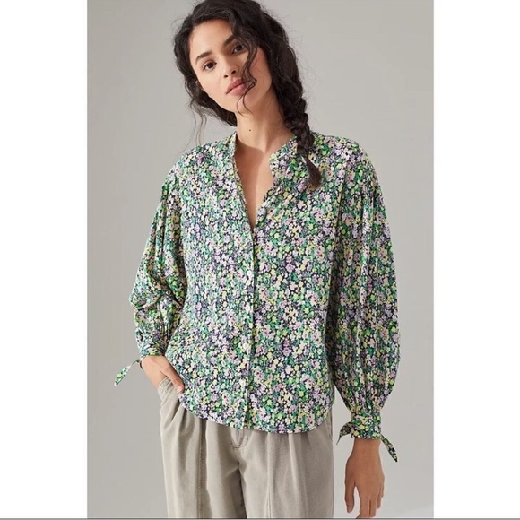 Anthropologie Maeve Ashleigh Puff-Sleeved Button Down Floral Top Blouse Large - Picture 2 of 12
